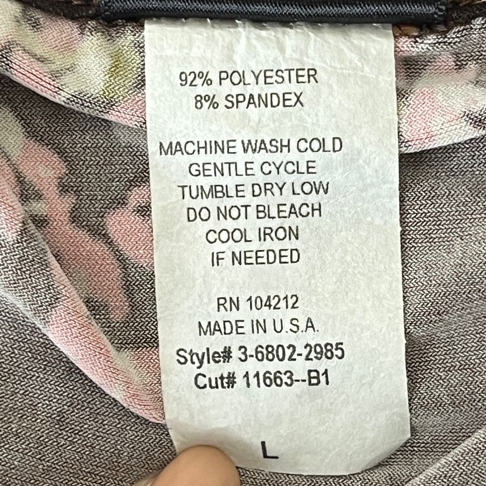 Y2K j.t.b. Floral Print Lace Trim Mock Wrap V Neck Top L Pink Brown Boho Spring - Picture 8 of 15